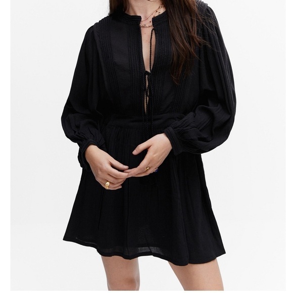 MNG black tie up front Roman dollman sleeves elastic waist Boho dress Sz L - Picture 1 of 15